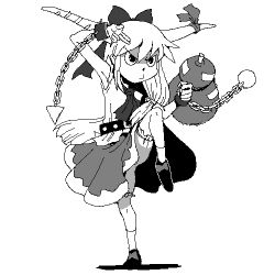 1girl ascot belt bloomers bow chain closed_mouth commentary_request cuffs fighting_stance frown full_body gourd greyscale hair_bow horn_bow horn_ornament horns ibuki_suika long_hair looking_afar lowres monochrome onikobe_rin orb pyramid_(geometry) shirt shoes sidelocks simple_background sleeveless sleeveless_shirt socks solo standing standing_on_one_leg touhou underwear v-shaped_eyes very_long_hair