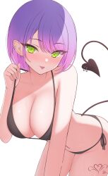1girl absurdres bare_shoulders bikini black_bikini black_tail blush breasts chocomaru cleavage closed_mouth collarbone commentary ear_piercing earrings gradient_hat green_eyes heart heart_earrings heart_tattoo highres hololive huge_breasts jewelry leg_tattoo looking_at_viewer medium_hair multicolored_hair navel navel_piercing piercing pink_hair purple_hair side-tie_bikini_bottom signature simple_background smile solo stomach sweat swimsuit tail tail_ornament tail_piercing tattoo thighs tokoyami_towa tongue tongue_out two-tone_hair virtual_youtuber white_background