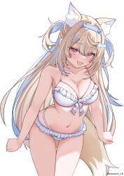 1girl alternate_costume animal_ear_fluff animal_ears bandaid bandaid_hair_ornament bikini blonde_hair blue_hair blush breasts cleavage clenched_hands collarbone commentary dog_ears dog_girl dog_tail fang frilled_bikini frills fuwawa_abyssgard hair_between_eyes hair_intakes hair_ornament hairband hairclip highres hololive hololive_english large_breasts long_hair looking_at_viewer multicolored_hair navel noeee open_mouth parallel_hairclips pink_eyes sidelocks simple_background skin_fang smile solo spiked_hairband spikes stomach streaked_hair swimsuit tail thigh_gap twitter_username two_side_up virtual_youtuber white_background white_bikini