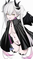 1girl absurdres black_jacket black_panties breasts cropped_legs demon_wings fate/grand_order fate_(series) green_eyes highres horns jacket lilith_(fate) lollipop_in_mouth long_hair mati5572 navel open_mouth panties pointy_ears pubic_tattoo smile solo tattoo twintails underwear white_background white_hair wings