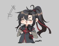 +++ 1boy :d ahoge artist_name black_hair black_hanfu blush chibi chibi_only chinese_clothes closed_eyes commentary english_commentary facing_viewer flute flute_tassel full_body grey_background hair_between_eyes hair_ribbon hands_on_own_hips hanfu holding_jug instrument jug_(bottle) long_hair long_sleeves male_focus minataka94 modao_zushi open_mouth ponytail red_ribbon red_sash ribbon robe sash sidelocks simple_background smile solo standing tassel v-shaped_eyebrows very_long_hair wei_wuxian wide_sleeves