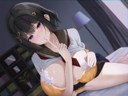 1girl absurdres areola_slip bed bed_sheet black_hair black_sailor_collar black_skirt bookshelf bra breasts clothes_lift dutch_angle finger_to_mouth floor_lamp flower hair_between_eyes hair_flower hair_ornament highres huge_breasts index_finger_raised lamp looking_at_viewer on_bed orange_bra orange_panties original panties parted_lips purple_eyes sailor_collar school_uniform shirt shirt_lift short_hair sidelocks skirt skirt_lift solo thighs underwear white_shirt window yamikyon