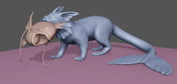 3d animal_focus blender_(medium) chris_masna claws commentary creatures_(company) english_commentary fins fish fish_in_mouth fish_tail from_side game_freak gen_1_pokemon head_fins magikarp nintendo no_humans pokemon pokemon_(creature) predation simple_background tail tongue vaporeon whiskers