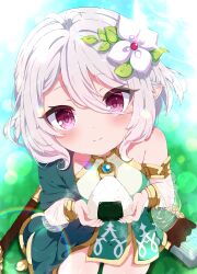 1girl absurdres antenna_hair bare_shoulders blurry blurry_background blush bridal_gauntlets closed_mouth detached_sleeves dress flower food hair_between_eyes hair_flower hair_ornament highres holding holding_food kokkoro_(princess_connect!) long_sleeves looking_at_viewer onigiri pointy_ears princess_connect! puffy_long_sleeves puffy_sleeves rice see-through_clothes see-through_sleeves sen_chan_(akane1023) sleeveless sleeveless_dress smile solo white_flower white_hair