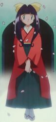 1girl blue_eyes geta hair_ribbon hakama highres hime_cut holding_own_hand japanese_clothes jeanette_fisher kimono long_hair meiji_schoolgirl_uniform nintendo obi pokemon pokemon_(anime) pokemon_(classic_anime) pokemon_ep077 purple_hair ribbon sakura_petals sash very_long_hair