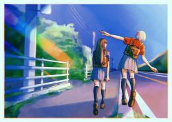 Rule 34 | 2girls, backpack, bag, black hair, black socks, blonde hair, blue sky, brown shoes, commentary request, day, from behind, hair ribbon, inoue takina, kneehighs, kumabehaso, long hair, looking at another, lycoris recoil, lycoris uniform, multiple girls, nishikigi chisato, outdoors, outstretched arms, power lines, railing, red ribbon, ribbon, shoes, short hair, sky, socks, utility pole
