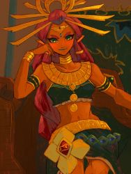 Rule 34 | 1girl, arm support, armlet, bare shoulders, blue lips, circlet, closed mouth, commentary, crop top, dark-skinned female, dark skin, english commentary, female focus, green eyes, hand on own face, head rest, headgear, highres, jewelry, long hair, looking at viewer, makeup, midriff, navel, neck ring, nintendo, pointy ears, red hair, riju, rv (gvdn7245), smile, solo, the legend of zelda, the legend of zelda: breath of the wild, thick eyebrows, tsurime, v-shaped eyebrows, very long hair
