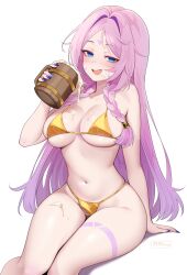 1girl absurdres alcohol artist_name beer beer_mug bikini blue_eyes blue_nails blush breasts citlali_(genshin_impact) cup drunk facial_mark genshin_impact gold_bikini highres holding holding_cup large_breasts long_hair looking_at_viewer missing_commentary mug navel open_mouth pr_ponnyan purple_eyes simple_background sitting solo spilling stomach swimsuit teeth thighs triangle triangle_facial_mark upper_teeth_only very_long_hair white_background