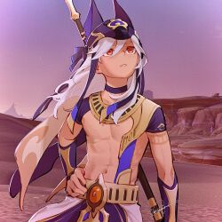 Rule 34 | 1boy, ancient egyptian clothes, animal ears, animal hat, artist name, belt, black choker, black gloves, black hat, black ribbon, choker, crop top, cyno (genshin impact), dark-skinned male, dark skin, desert, evening, fake animal ears, fingerless gloves, game screenshot background, genshin impact, gloves, gold trim, gradient sky, hair between eyes, hand on own hip, hashtag-only commentary, hat, hat ribbon, highres, holding, holding polearm, holding weapon, jackal ears, long hair, looking up, male focus, mountain, navel, outdoors, parted lips, pectorals, polearm, red eyes, ribbon, sand, screenshot background, shokun 2, short sleeves, signature, sky, solo, stomach, twilight, usekh collar, weapon, white hair