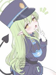 1girl :o armband belt black_belt black_hat black_jacket black_skirt blue_archive blue_armband blush commentary cowboy_shot demon_girl demon_tail fang from_side gloves green_hair green_halo hair_between_eyes hair_over_shoulder halo hand_up hat head_tilt highres hikari_(blue_archive) jacket long_hair long_sleeves looking_at_viewer miniskirt momonexmomo notice_lines open_mouth peaked_cap pleated_skirt pointy_ears sidelocks simple_background sitting skin_fang skirt solo tail tail_raised thick_eyebrows twitter_username v very_long_hair watermark white_background white_gloves yellow_eyes