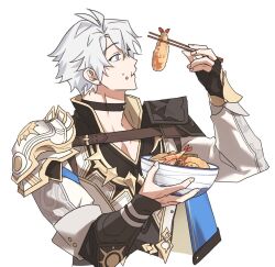 1boy antenna_hair armor black_choker black_gloves black_shirt blue_eyes bowl chewing choker chu_asdf coat commentary_request crumbs fingerless_gloves food gloves highres holding holding_bowl honkai:_star_rail honkai_(series) korean_commentary male_focus parted_bangs pauldrons phainon_(honkai:_star_rail) shirt short_hair shoulder_armor simple_background single_glove single_pauldron solo tempura white_background white_coat white_hair