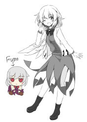 1girl absurdres arrow_(symbol) blush boots bow bowtie breasts character_doll commentary doll dress feathered_wings fumo_(doll) highres jacket kishin_sagume long_sleeves looking_at_viewer medium_hair one_eye_closed open_clothes open_jacket open_mouth simple_background single_wing smile solo suit_jacket touhou tsuukinkaisoku_oomiya white_background wings