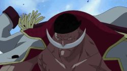 animated animated_gif blood edward_newgate epic facial_hair ice jacket jacket_on_shoulders jumping lowres marineford moby_dick_(one_piece) mustache ocean one_piece pirate screencap ship watercraft weapon