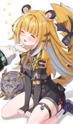 2girls animal_ears bead_bracelet beads bell belle_(delicate_sunlight)_(zenless_zone_zero) belle_(zenless_zone_zero) black_shorts blonde_hair bow bracelet breasts buttons colored_inner_hair commentary_request grey_shirt highres hu_wei_(zenless_zone_zero) jewelry jingle_bell ju_fufu kneeling long_hair multicolored_hair multiple_girls necklace official_alternate_costume open_mouth paw_print scratching_chin shirt shoes shorts simple_background smile socks solo_focus striped_hair striped_tail sweat tail tail_bow tail_ornament thigh_strap tiger_ears tiger_girl tiger_stripes tiger_tail tsukimi_yaya white_background white_socks zenless_zone_zero