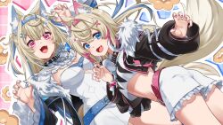 Rule 34 | 2girls, animal ear fluff, animal ears, black coat, black jacket, blonde hair, blue background, blue eyes, blue hair, blue hairband, breasts, claw pose, cleavage, coat, cropped shirt, dog ears, dog girl, dog tail, dress, fake horns, fang, fuwawa abyssgard, fuwawa abyssgard (1st costume), hairband, headphones, headphones around neck, highres, hololive, hololive english, horns, jacket, large breasts, mococo abyssgard, mococo abyssgard (1st costume), multicolored hair, multiple girls, oji (nyantyu081), open clothes, open coat, open jacket, open mouth, pink background, pink eyes, pink hair, pink hairband, shirt, siblings, sisters, skin fang, spiked hairband, spikes, streaked hair, tail, twins, two-tone hair, virtual youtuber, white dress, white shirt