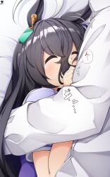 1boy 1girl 1koma absurdres ahoge animal_ears black_hair closed_eyes collared_shirt comic commentary_request ear_wiggle earrings hair_between_eyes hibiki_(zerocodo) highres horse_ears horse_girl hug huge_ahoge jewelry long_bangs long_sleeves lying manhattan_cafe_(umamusume) motion_lines multicolored_hair on_bed on_side purple_shirt school_uniform shadow shirt short_sleeves signature single_earring speech_bubble summer_uniform tracen_school_uniform trainer_(umamusume) two-tone_hair umamusume upper_body white_hair white_shirt