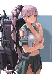 1girl black_ribbon blue_background breasts bullet_hole closed_mouth commentary_request dated green_eyes green_sailor_collar green_skirt hair_ribbon hand_up kantai_collection long_hair machinery medium_breasts pink_hair pleated_skirt ponytail ribbon sailor_collar shirt short_sleeves sidelocks skirt solo tantaka torn_clothes torn_ribbon torn_shirt torn_skirt two-tone_background very_long_hair white_background white_shirt yura_(kancolle)
