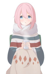 1girl absurdres blanket blanket_over_legs blue_eyes blue_sweater chair cup double-parted_bangs grey_scarf hair_between_eyes highres holding holding_cup kagamihara_nadeshiko long_hair looking_at_viewer mug open_mouth pink_hair scarf shiron_23 simple_background sitting solo sweater white_background wide_sleeves yurucamp