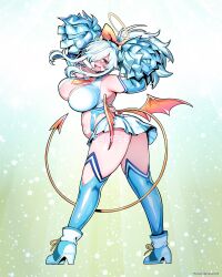 Rule 34 | 1girl, :d, absurdres, arched back, arms up, artist request, ass, bare shoulders, belly, blue shoes, blue thighhighs, bow, breasts, cheerleader, cleavage, clothing cutout, copyright notice, dashed eyes, demon tail, demon wings, doubliel, from behind, full body, furrowed brow, green background, hair bow, hair over one eye, halo, high heels, highres, large breasts, legs apart, long hair, long sidelocks, looking at viewer, looking back, mahjong fight girl, miniskirt, necktie, official art, open mouth, orange bow, orange necktie, paid reward available, plump, pom pom (cheerleading), red eyes, saliva, sample watermark, second-party source, shoes, side cutout, sidelocks, skirt, sleeveless, smile, solo, standing, stomach cutout, sweat, tail, teeth, thick arms, thighhighs, upper teeth only, v-shaped eyebrows, watermark, white background, white hair, white skirt, wings, yellow halo