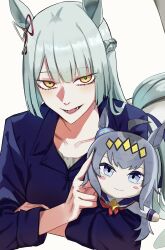 1girl absurdres ahoge animal_ears aqua_hair blue_eyes blue_shirt blunt_sidelocks blush bow character_doll collared_shirt commentary_request doll ear_ribbon fujimasa_march_(umamusume) grey_hair highres holding holding_doll holding_stuffed_toy horse_ears horse_girl horse_tail kudo_udon long_hair long_sleeves oguri_cap_(umamusume) open_mouth sailor_collar sailor_shirt shirt smile solo stuffed_toy tail tsurime umamusume umamusume:_cinderella_gray yellow_eyes