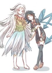 2girls absurdres asymmetrical_wings barefoot black_dress black_hair black_thighhighs blue_wings bow bowtie brown_shoes closed_mouth dot_nose dress facial_mark facing_viewer feet forehead_mark fossilized_wonders full_body highres houjuu_chimi houjuu_nue looking_at_viewer multicolored_dress multiple_girls open_mouth parted_bangs red_bow red_bowtie red_eyes red_wings sharp_teeth shoes short_dress short_hair simple_background sleeveless sleeveless_dress snake takeran teeth thighhighs touhou white_background white_hair wings yellow_eyes zettai_ryouiki