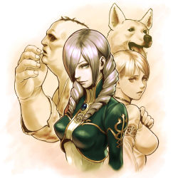 1boy 2girls breasts capcom choker daniella debilitas demento dog drill_hair fiona_belli demento hewie long_hair looking_at_viewer medium_breasts multiple_girls open_mouth ponytail rico_(maikubakaa) small_breasts twin_drills upper_body