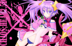 2000s_(style) blood_tune blue_panties blush bow bowtie capelet chaos;head chaos;head_love_chu_chu! clothing_cutout collar copyright_name erin-fray_orgel fingerless_gloves flat_chest frilled_capelet frilled_collar frilled_gloves frills gero-froggy gloves gluteal_fold hair_ornament high_collar highres holding holding_staff holding_weapon jewelry long_hair looking_at_viewer magical_girl navel necktie off-shoulder_capelet paint panties pink_hair purple_eyes purple_hair red_bow ribbon sankakukikaku skirt smile sparkling_eyes staff star_(symbol) star_hair_ornament stomach stomach_cutout thick_thighs thighhighs thighs twintails underwear weapon white_thighhighs