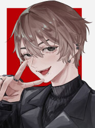 Rule 34 | 1boy, absurdres, black eyes, black jacket, black sweater, brown hair, commentary, earclip, earrings, eyelashes, face piercing, fangs, hair between eyes, hair intakes, highres, jacket, jewelry, lapels, lip piercing, long sleeves, mahiru mm, male focus, mole, mole on neck, mole under mouth, multiple moles, notched lapels, open mouth, original, piercing, portrait, short hair, smile, solo, sweater, turtleneck, turtleneck sweater, v