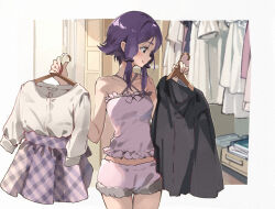 Rule 34 | 1girl, bare shoulders, black shirt, camisole, closed mouth, clothes hanger, collarbone, commentary, criss-cross halter, halterneck, holding, lamb (hitsujiniku), long hair, plaid clothes, plaid skirt, purple camisole, purple eyes, purple hair, purple shorts, purple skirt, shirt, short shorts, shorts, skirt, smile, solo, standing, thigh gap, unworn shirt, unworn skirt, vocaloid, voiceroid, white shirt, yuzuki yukari