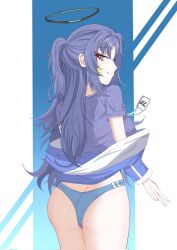 1girl ass black_halo blue_archive blue_jacket blue_panties breasts butt_crack closed_mouth clothes_pull feet_out_of_frame halo highres id_card jacket jacket_pull long_hair looking_at_viewer looking_to_the_side mechanical_halo official_alternate_costume open_clothes open_jacket panties purple_eyes purple_hair purple_shirt shirt side_ponytail sidelocks simple_background smile solo standing sweatdrop underwear user_mwxd2354 yuuka_(blue_archive) yuuka_(track)_(blue_archive)