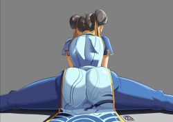 1girl artist_logo ass ass_focus automatic_giraffe blue_pants brown_hair bun_cover capcom china_dress chinese_clothes chun-li double_bun dress from_behind grey_background hair_bun highres huge_ass logo pants short_sleeves sitting_split skin_tight solo split street_fighter street_fighter_6 third-party_edit tight_clothes tight_pants