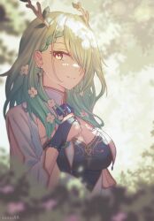 1girl absurdres blue_bow blue_bowtie blue_bridal_gauntlets blurry blurry_background blurry_foreground bow bowtie braid breasts bridal_gauntlets ceres_fauna cleavage dappled_sunlight depth_of_field dress earrings flower green_hair hair_behind_ear hair_flower hair_ornament hair_over_one_eye hand_on_own_chest highres hololive hololive_english jewelry large_breasts layered_dress light_smile long_hair looking_at_viewer one_eye_covered single_braid sleeve_slit solo sumosumo sunlight tree_horns upper_body virtual_youtuber white_dress yellow_eyes