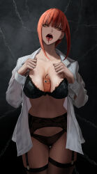 1girl absurdres areola_slip between_breasts black_bra black_panties bra breasts chainsaw_man fishnet_thighhighs fishnets highres large_breasts makima_(chainsaw_man) panties pochita_(chainsaw_man) red_hair ringed_eyes shirt sidelocks thighhighs underwear white_shirt yellow_eyes yukimune