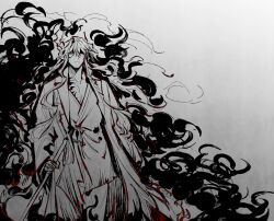 Rule 34 | 1boy, antlers, arknights, closed mouth, commentary request, dragon boy, dragon tail, floating hair, gradient background, grey background, highres, horns, korean commentary, long hair, long sleeves, looking at viewer, male focus, nills, pointy ears, sidelocks, simple background, spot color, tail, very long hair, wide sleeves, ji (arknights)