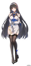 Rule 34 | 1girl, artist name, black garter straps, black hair, black pantyhose, black shoes, commentary request, daiyan (girls&#039; frontline 2), dress, full body, garter straps, girls&#039; frontline, girls&#039; frontline 2: exilium, hairband, high heels, highres, lace, lace-trimmed thighhighs, lace trim, long hair, long sleeves, looking at viewer, pantyhose, parted lips, pelvic curtain, shoes, simple background, smile, solo, standing, thighhighs, type 95 (girls&#039; frontline), very long hair, white background, white dress, white hairband, xnnagu, yellow eyes