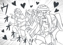 00s 1980s_(style) 1990s_(style) 4boys annotated blood_sword dissidia_final_fantasy final_fantasy final_fantasy_ii final_fantasy_iv final_fantasy_vii final_fantasy_x fraternity gaijin_4koma_(meme) greyscale heart male_focus masamune_(ff7) meme monochrome multiple_boys oldschool open_mouth personification pointing ponytail retro_artstyle shinzui_(fantasysky7) sitting translation_request wristband