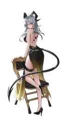 1girl absurdres ahoge alternate_costume back backless_dress backless_outfit bags_under_eyes bare_shoulders black_dress black_eyes black_horns black_shoes black_tail breasts chair closed_mouth commentary cowboy_shot curled_horns demon_tail dress english_commentary folding_chair full_body grey_hair hair_between_eyes high_heels highres horns large_breasts long_hair looking_at_viewer looking_to_the_side mole mole_under_eye multicolored_eyes multicolored_hair myumyu431 red_eyes shoes shoulder_blades side_slit solo streaked_hair tacet_mark_(wuthering_waves) tail thigh_strap two-tone_eyes wuthering_waves zani_(wuthering_waves)