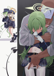 1boy 3girls ^^^ aoba_(blue_archive) black_jacket black_skirt blue_archive blush clothes_pull commentary dark-skinned_male dark_skin demon_tail doodle_sensei_(blue_archive) faceless faceless_female faceless_male fingering gloves halo hetero highres hikari_(blue_archive) jacket loli long_sleeves midriff multiple_girls navel nozomi_(blue_archive) pantyhose pantyhose_pull pleated_skirt pointy_ears pussy_juice reach-around senapops sensei_(blue_archive) skirt stealth_sex tail tail_wagging white_gloves white_pantyhose