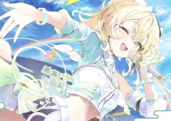 1girl ;d blonde_hair blue_sky center_frills cloud collared_shirt commentary_request commission cropped_shirt day detached_sleeves frills green_eyes highres holding holding_microphone hololive hololive_idol_uniform_(color_rise) idol_clothes kazama_iroha kazama_iroha_(pop_dance) laudayon looking_at_viewer microphone midriff multicolored_shirt navel official_alternate_costume one_eye_closed open_mouth outdoors puffy_detached_sleeves puffy_short_sleeves puffy_sleeves shirt short_sleeves single_detached_sleeve single_sleeve sky smile solo teeth upper_teeth_only virtual_youtuber white_shirt
