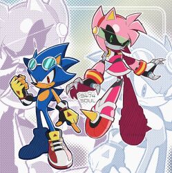 1boy 1girl 9474s0ul alternate_species alternate_universe amy_rose animal_ears animal_nose clenched_hand closed_mouth commentary english_commentary fingerless_gloves frown full_body furrification furry furry_male gloves goggles goggles_on_head green_eyes hatching_(texture) highres looking_at_viewer mechanization metal_amy metal_sonic red_eyes robot sonic_(series) sonic_riders sonic_riders_(series) standing tail uekawa_yuji_(style) zoom_layer