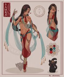 1boy absurdres akumana arabian_clothes armlet ass asymmetrical_hair bare_shoulders belly_chain belly_dancer belly_dancer_outfit blue_gemstone brown_hair butt_crack cat character_request closed_mouth coin color_guide commission crossdressing dancer dark-skinned_male dark_skin earrings facial_mark forehead_jewel full_body gem gold_coin harem_outfit harem_pants head_chain heart highres jewelry light_smile long_hair looking_at_viewer looking_back multicolored_hair multiple_views nail_polish navel necklace original pants red_eyes red_gemstone red_hair red_nails red_pants seductive_smile see-through_clothes shawl shoulder_tattoo smile standing stomach streaked_hair tattoo thighs toenail_polish toenails trap very_long_hair