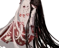 2girls a_umanee black_hair bow fujiwara_no_mokou hair_bow houraisan_kaguya long_hair looking_at_viewer multiple_girls red_hair red_skirt side-by-side simple_background skirt touhou very_long_hair white_background white_hair