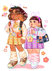 2girls abby_(turning_red) absurdres bandaid bandaid_on_leg black_hair blunt_bangs bow bubble_tea dark-skinned_female dark_skin drawn_ears drink drinking_straw drinking_straw_in_mouth earrings flower full_body glasses heart heart_earrings highres holding holding_drink holding_hands jewelry leg_warmers matching_outfits meilin_lee_(red_panda) multiple_girls plaid_clothes plaid_skirt priya_(turning_red) pupe_(sennbee1027) shoes skirt skull sneakers star_(symbol) turning_red