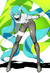 Rule 34 | 1girl, absurdres, aqua eyes, aqua hair, bent over, black thighhighs, bodysuit, breasts, flag, flower, goodsmile racing, hatsune miku, highres, holding, holding flag, holding flower, leaning forward, long hair, looking at viewer, racing miku, racing miku (2022), rasupekuto, ringed eyes, small breasts, smile, solo, thighhighs, very long hair, vocaloid