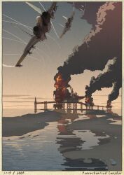 ace_combat ace_combat_04 aircraft airplane border commentary_request contrail day english_text fighter_jet fine_art_parody fire flying highres horizon military military_vehicle nihonga no_humans ocean oil_rig outdoors parody r-73_vympel reflection reflective_water sky smoke su-37 ukiyo-e water yellow_13 yuukou