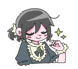 1girl black_hair blush_stickers closed_eyes cropped_torso hair_between_eyes hair_ornament hair_scrunchie highres knives_chau maid ponytail ribbon_earrings saiai_pink scott_pilgrim_(series) scott_pilgrim_takes_off scrunchie short_hair short_ponytail sidelocks smile solo sparkle upper_body white_background wrist_scrunchie