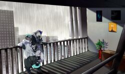 2boys against_railing arknights armband balcony black_hair black_jacket black_pants box building can chameleon_boy chameleon_tail closed_mouth commentary cup ethan_(arknights) furry furry_male goggles goggles_on_head grey_shirt highres holding holding_can holding_cup hood hood_down hooded_jacket hyena_boy hyena_ears jacket jesuistae ladder looking_down looking_to_the_side male_focus multicolored_hair multiple_boys open_clothes open_jacket oversized_zipper pants plant pointy_ears potted_plant railing rain shirt spot_(arknights) streaked_hair tail white_jacket white_pants zipper