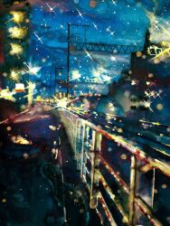 Rule 34 | acrylic paint (medium), apartment, building, city, headlight beam, jobanni, landscape, lens flare, night, night sky, original, overhead line, painting (medium), railing, railroad tracks, reflection, scenery, sky, traditional media