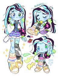 1girl ahoge bat_(animal) black_hair blue_eyes blue_hair blue_skin blue_skirt clawdeen_wolf clenched_hands closed_eyes closed_mouth colored_skin deformed denim denim_shorts dot_nose draculaura earrings frankie_stein full_body green_eyes hair_behind_ear hand_up heart heterochromia highres holding holding_phone hood hood_down hooded_jacket jacket jewelry kneehighs knees_up lightning_bolt_earrings lightning_bolt_print lightning_bolt_symbol long_hair long_sleeves looking_at_viewer loose_socks mechanical_legs miniskirt monster_high monster_high_(g3) multicolored_hair multiple_views no_pupils open_clothes open_jacket phone plaid_clothes plaid_skirt pleated_skirt puffy_long_sleeves puffy_sleeves purple_shorts sharpycharot shoes shorts single_mechanical_leg single_sock sitting skirt smile socks sparkle standing stitched_face stitched_leg stitches streaked_hair striped_clothes striped_socks u_u v white_hair white_jacket yellow_shoes yellow_socks