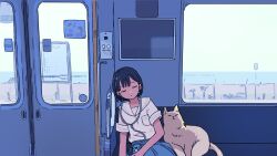 1girl animal black_hair blue_skirt cat closed_eyes closed_mouth door highres neckerchief original sailor_collar school_uniform serafuku shirt short_sleeves sitting skirt sleeping sleeping_upright solo takaichi_(tkch) train_interior white_sailor_collar white_shirt